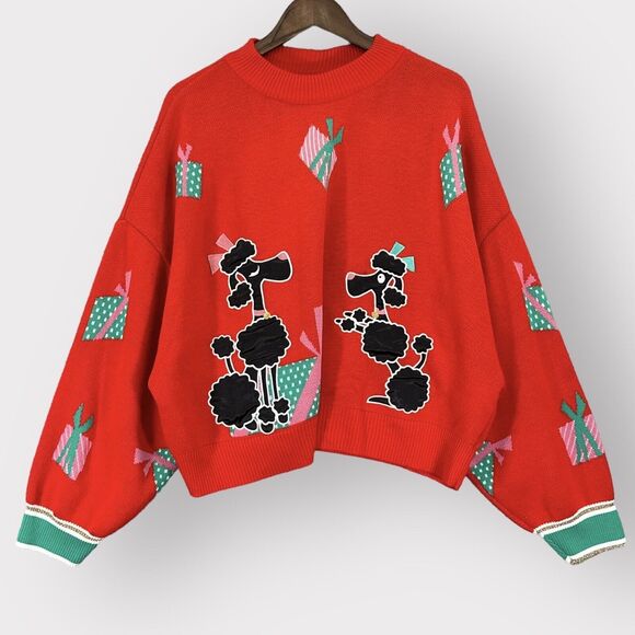 Asos Knit Sweater Women US 14 Red Pullover Cropped Oversized Holiday‎ Gift Dog - Picture 1 of 11